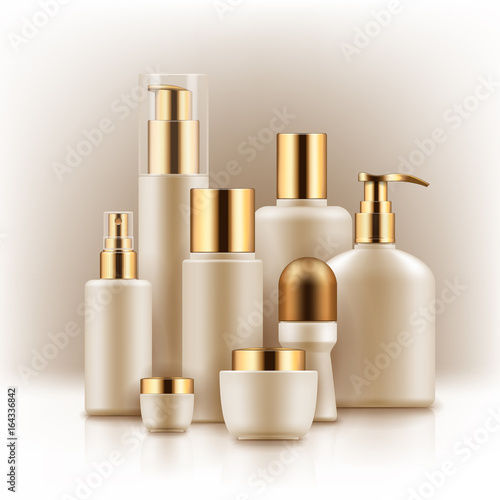 Blank templates of empty white and gold package for cosmetic products tube and jar for cream, bottle for shampoo, soap with pump, foam, deodorant, hair spray. Realistic mockup of plastic containers