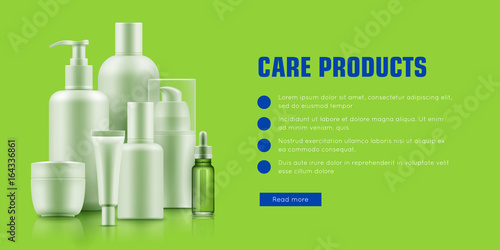 Realistic cosmetic bottle advertising. Health and beauty concept. Skin, hair and body care products. Realistic template vector illustration