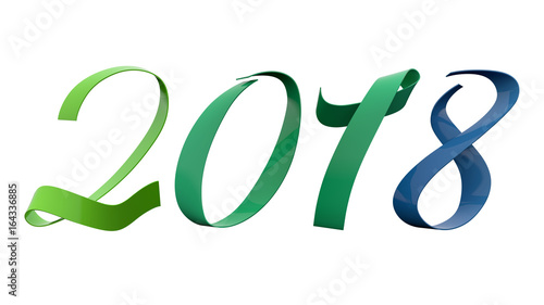 2018 New Year Digits Analogy Colors 195 Degrees Green And Blue Glossy Metallic Ribbon Title 3D Render In 8K Resolution
