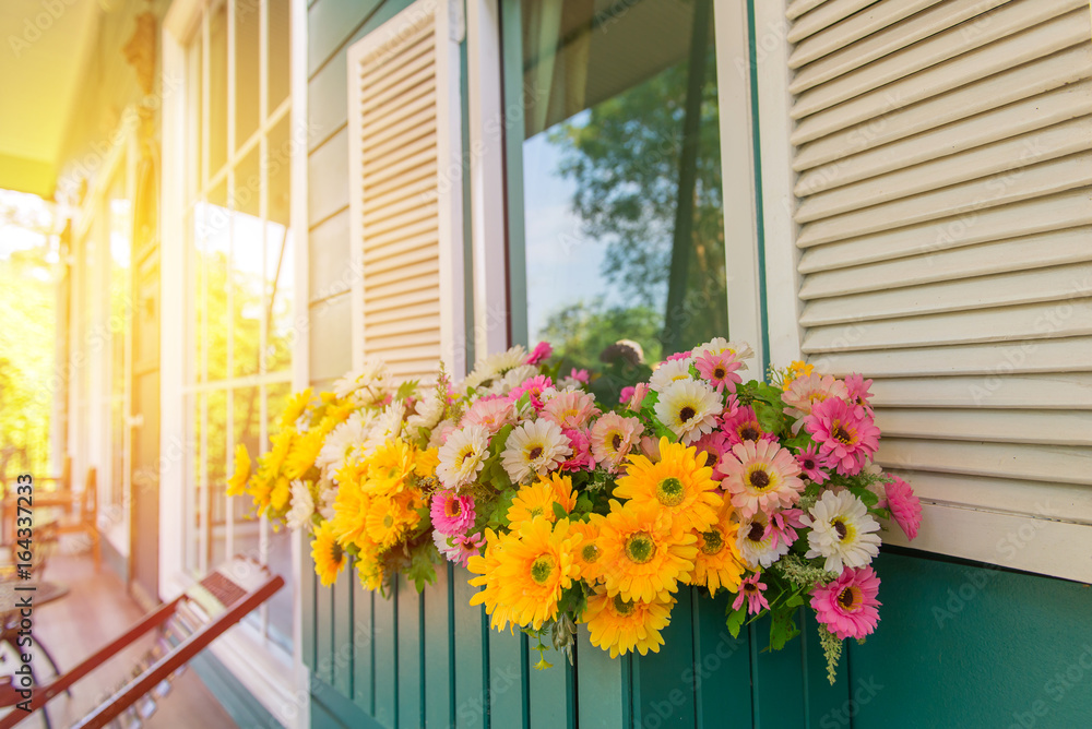 window with flower box and shutters at home window with flower box and shutters at home