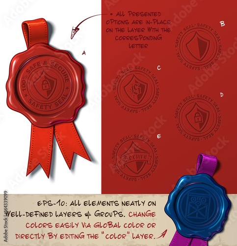 Vector Illustration of a wax seal with a set of stamps regarding Shield Safe and Secure subjects. All design elements neatly on well-defined layers and groups 