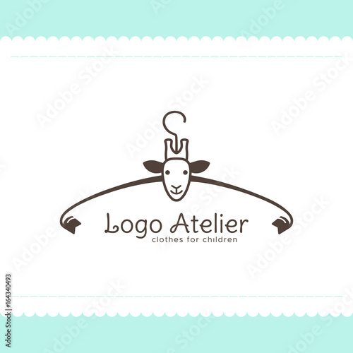 Logo Atelier making children's clothes. Vector template for the fashion industry. Element for Studio sewing and tailoring. Illustration in cartoon style