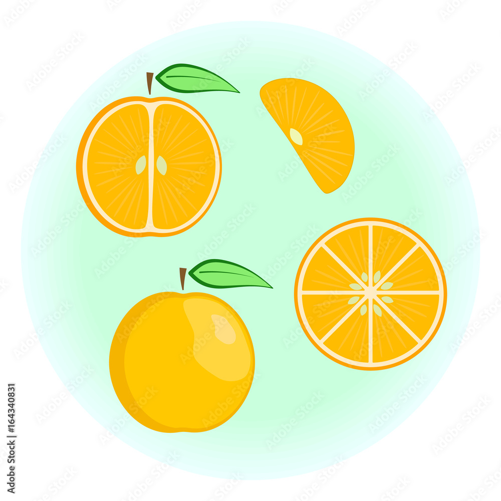 Flat vector orange set - fruit split in a half along and across, fruit ...
