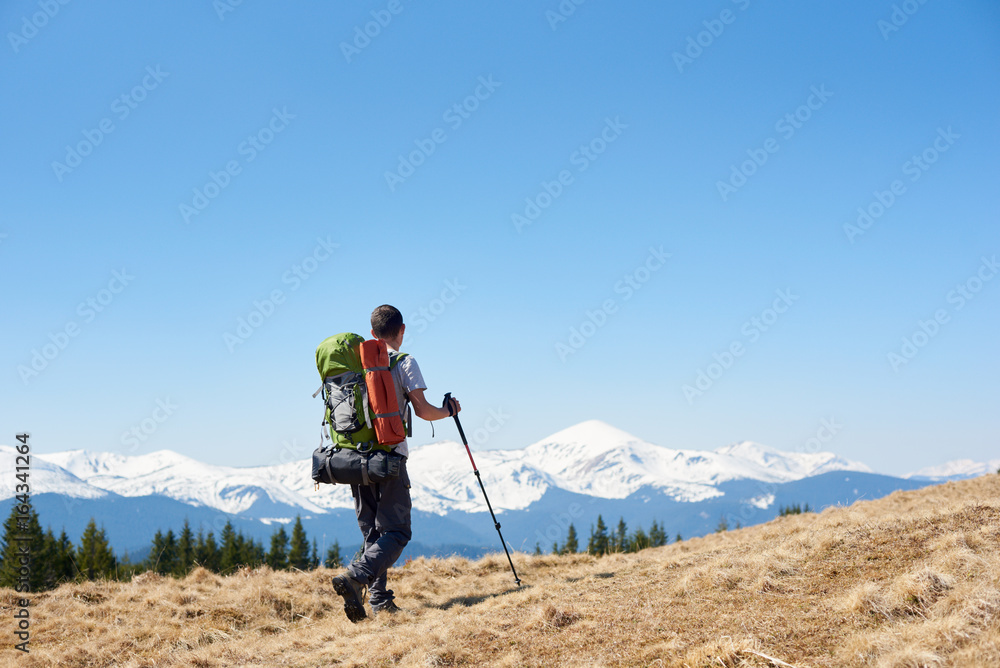 Man with a backpack and trekking sticks hiking in the mountains copyspace landscape view beauty achievement success sport active lifestyle concept Man with a backpack and trekking sticks hiking in the mountains copyspace landscape view beauty achievement success sport active lifestyle concept
