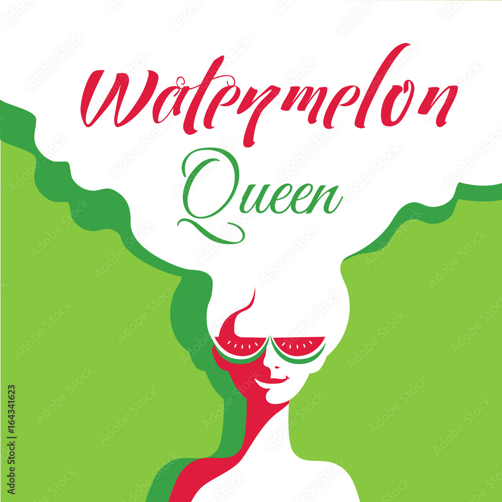 Watermelon poster concept. Hand drawn cartoon retro style. Pop art. Fancy letters watermelon queen. Beautiful young woman with sunglasses. Summer holiday. Banner signboard template vector illustration