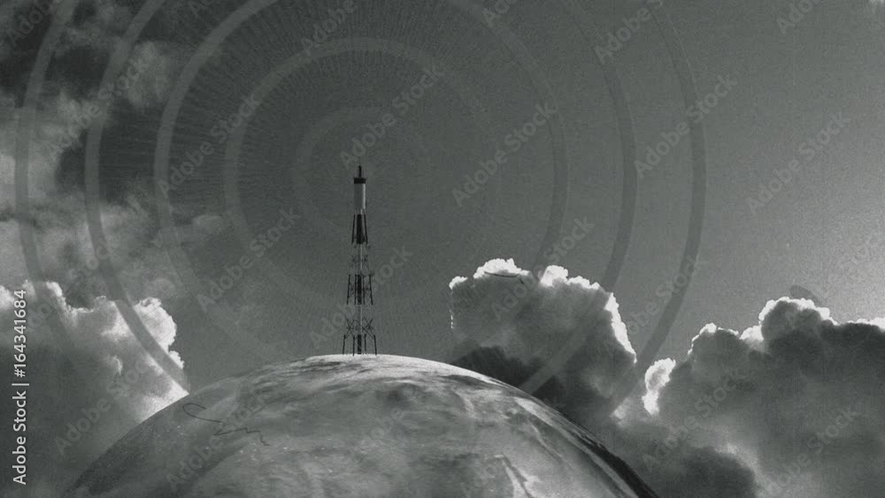  Black and white old fashioned representation of radio broadcasting its signal.