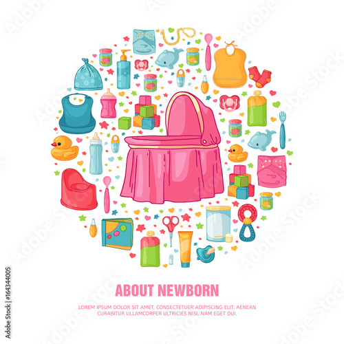 Round banner with childhood's pattern. Newborn staff for decorating flyers. Circle Design templates for card, invitation with clothes, toys, accessories for girl babies shower. Vector.