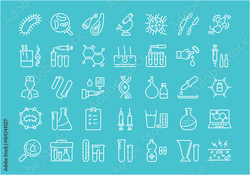 Fotografia Set Vector Flat Line Icons Bacteria and Virus