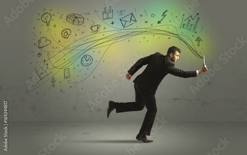 Business man in a rush with doodle media icons © ra2 studio