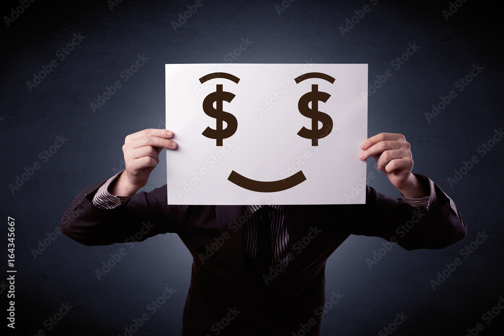 Businessman holding paper with greedy emotion Businessman holding paper with greedy emotion