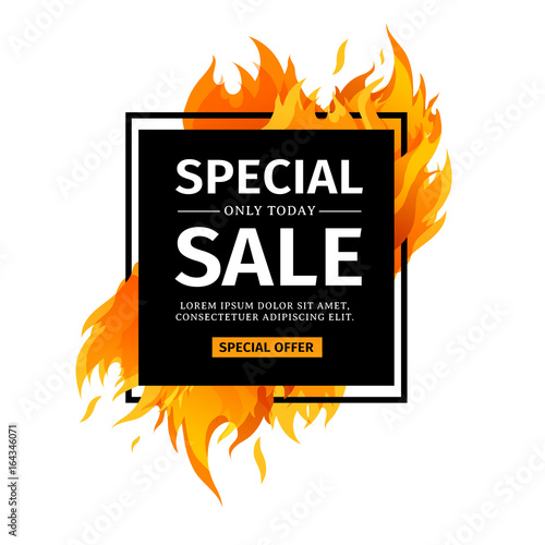 Template design square banner with Special sale. Black card for hot offer with frame fire graphic. Advertising poster layout with flame border on white background. Vector.