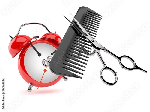 Obraz na płótnie Barber scissors with comber with alarm clock