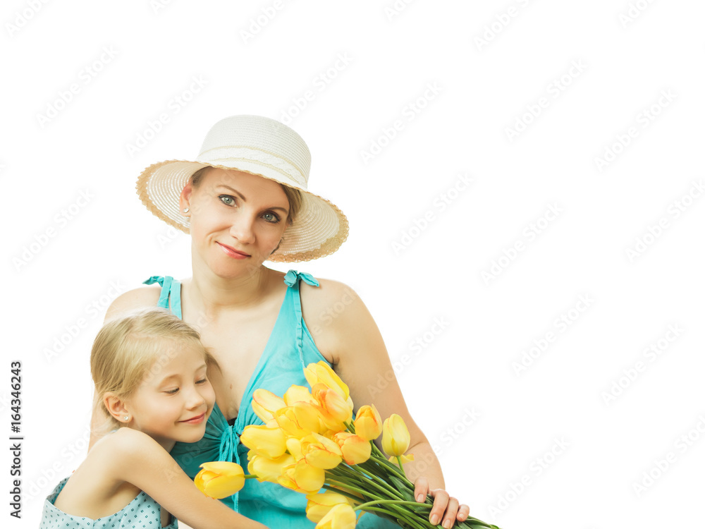 The mother and daughter and a bouquet of yellow tulips isolated on white background. The mother and daughter and a bouquet of yellow tulips isolated on white background.