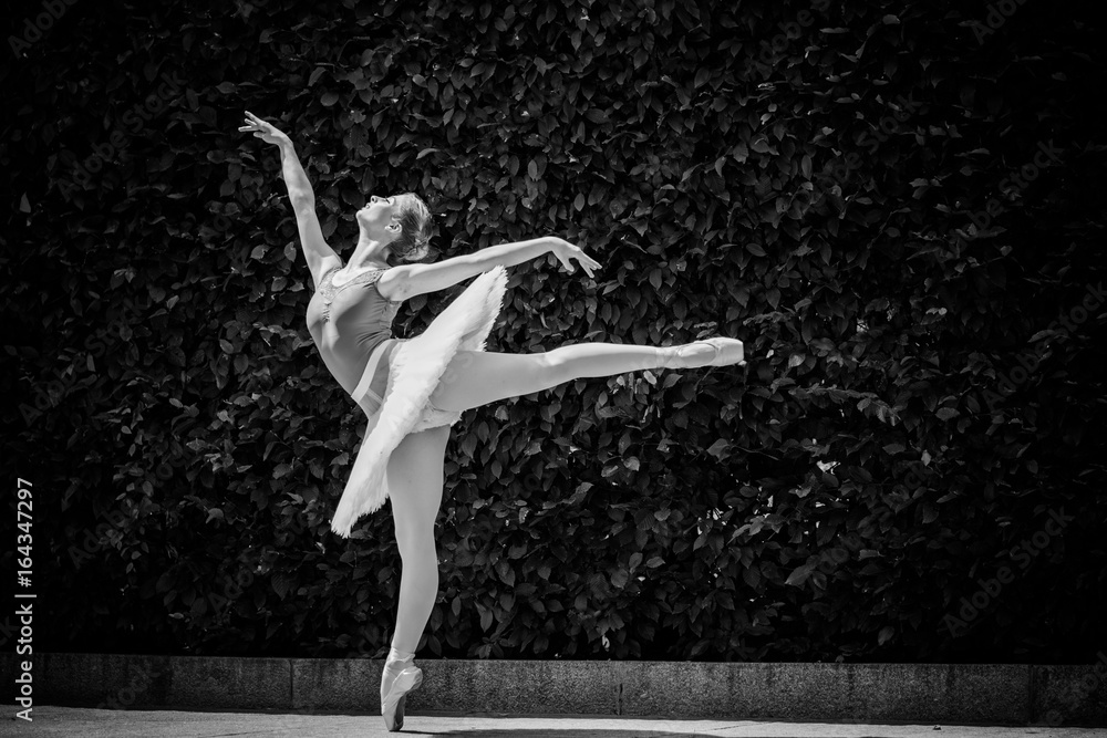 Obraz premium Street dancing ballerina in pointe shoes and white concert tutu at city. Ballerina dancing on the street.Young beautiful ballerina in dress and pointe shoes dancing outdoors.