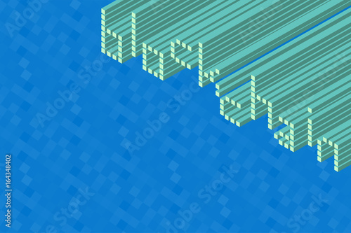 Isometric text of blockchain wording with square block mosaic background.