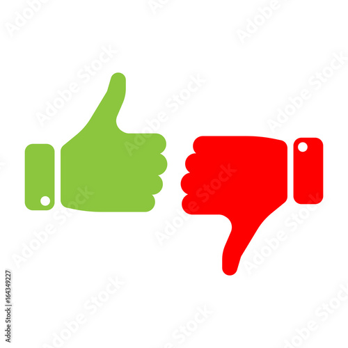 Vote thumbs up icon in red and green . Make a choice, yes or no, love it or hate it, like or dislike win or loss. Vector illustration.