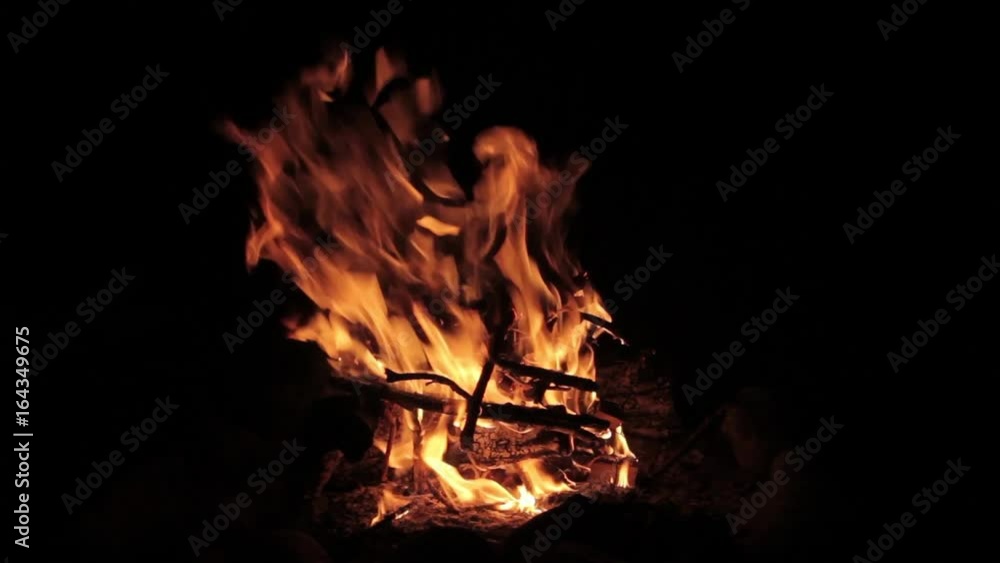 Campfire burns brightly at night along the beautiful beach of river Campfire burns brightly at night along the beautiful beach of river