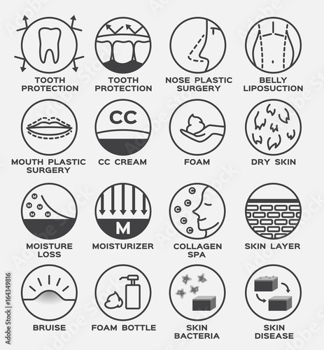 skin icon vector set / tooth protection nose plastic surgery belly liposuction mouth cc cream foam dry moisture loss moisturizer collagen spa layer bruise bottle bacteria disease