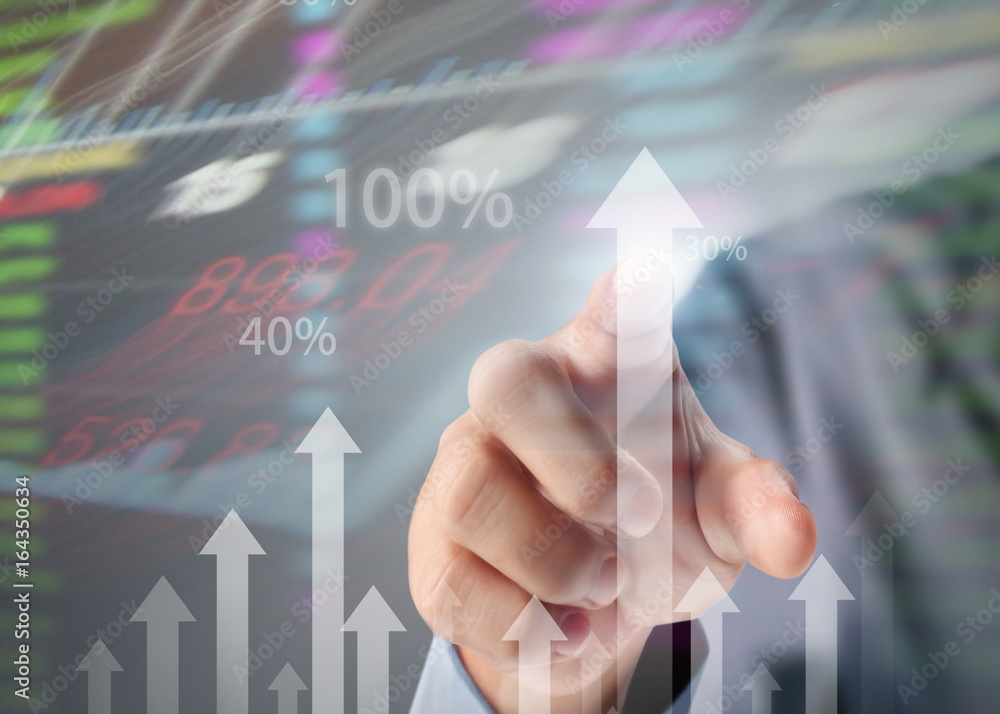 businessman with financial symbols coming from hand businessman with financial symbols coming from hand