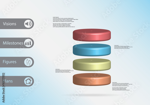 3D illustration infographic template with cylinder horizontally divided to four color slices