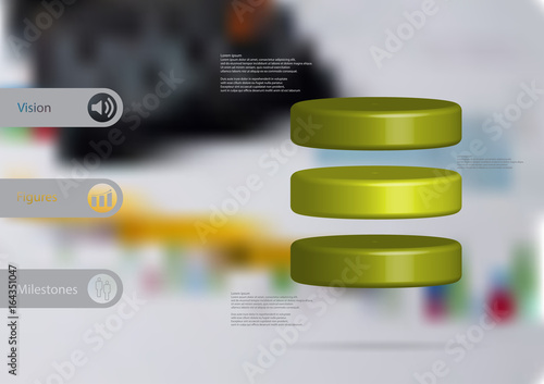 3D illustration infographic template with cylinder horizontally divided to three green slices