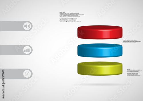 3D illustration infographic template with cylinder horizontally divided to three color slices