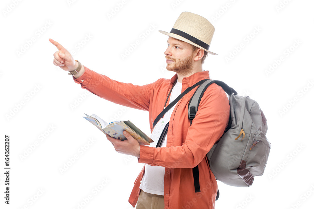 attractive tourist man smiling on white background attractive tourist man smiling on white background