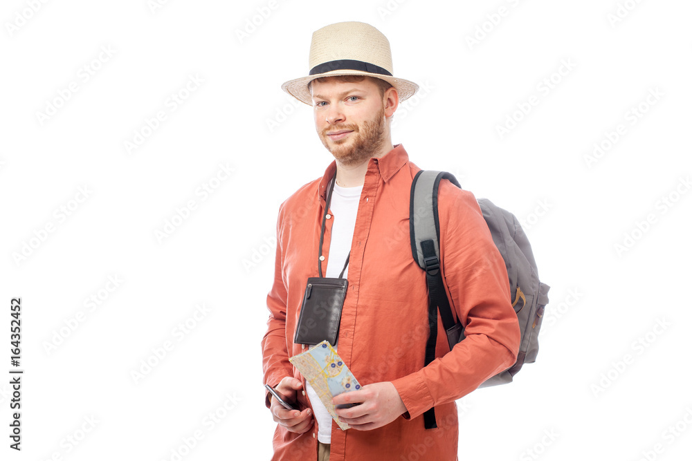 attractive tourist man smiling on white background attractive tourist man smiling on white background