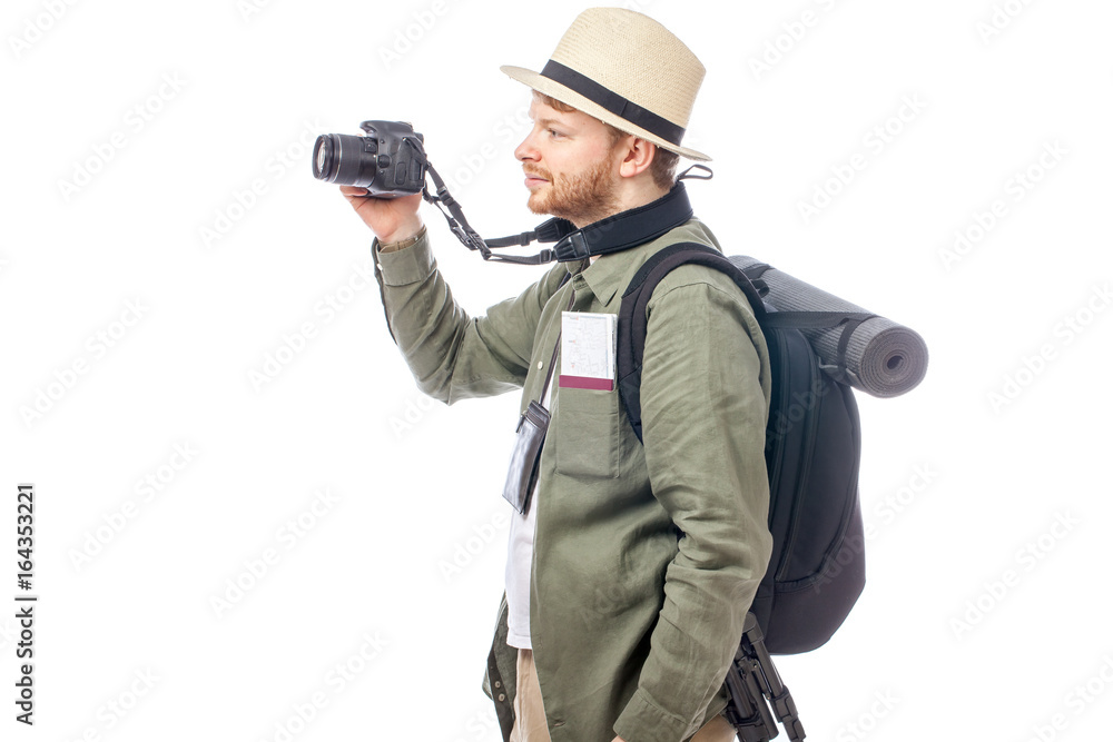 attractive tourist man smiling on white background