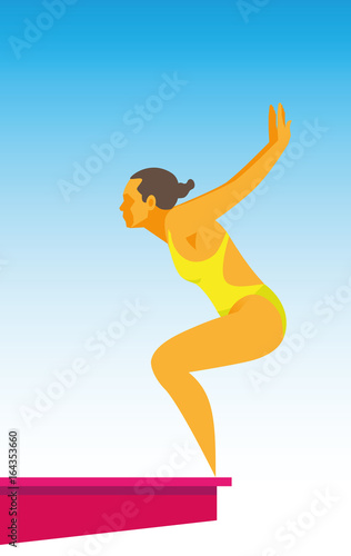 A young woman is a dive jumper in the water, performing a leap back