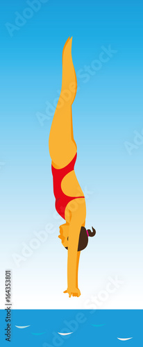 Young girl is a professional sportswoman who is engaged in diving jump with a 10 meter platform