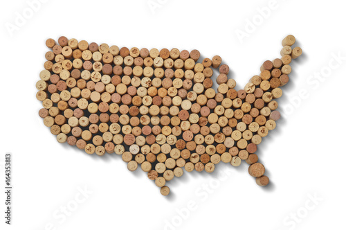Wine-producing countries - maps from wine corks. Map of USA on white background. Clipping path included.