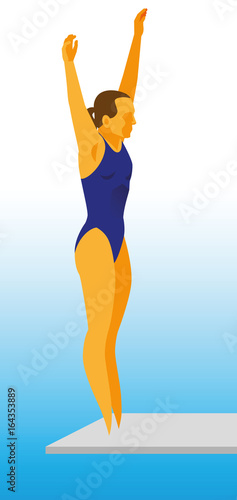 Young woman is a diving in the water with a springboard