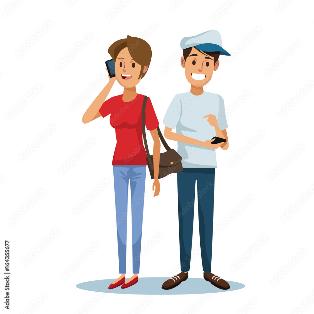white background with woman and guy social network communication white background with woman and guy social network communication