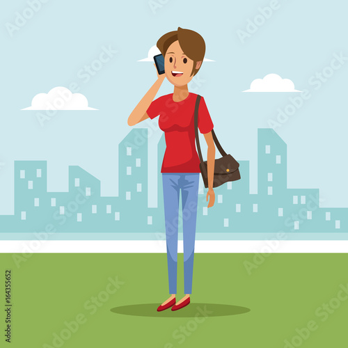 city landscape background with woman in short hairstyle social network communication