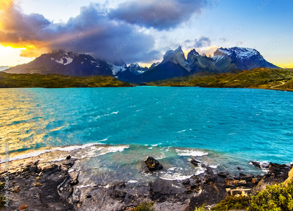 Torres del Paine National Park at sunset , Patagonia, Chile