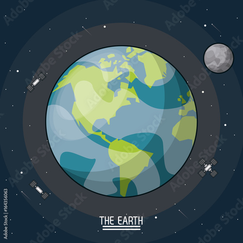 colorful poster of the planet earth in the space with satellites and moon around