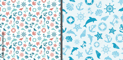 sea pattern with sea marine signs - dolphins, anchors, shells