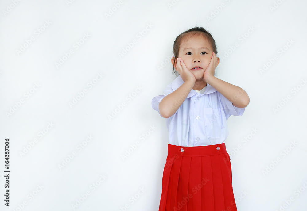 Portrait of asian child in school uniform isolated on white background. Portrait of asian child in school uniform isolated on white background.