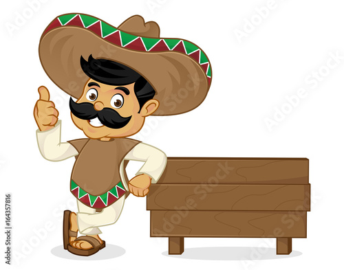 Mexican man cartoon leaning on wood plank