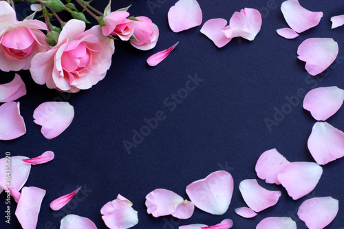 Roses and petals scattered around, copy space