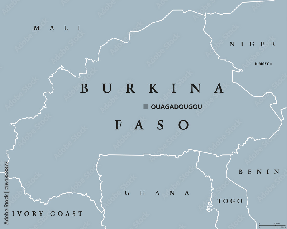 Burkina Faso political map with capital Ouagadougou. Landlocked country 