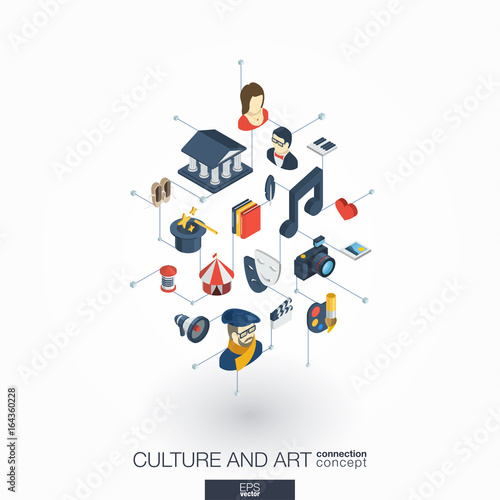 Culture, art integrated 3d web icons. Digital network isometric interact concept. Connected graphic design dot and line system. Background for theater artist, music, circus show bill. Vector on white.