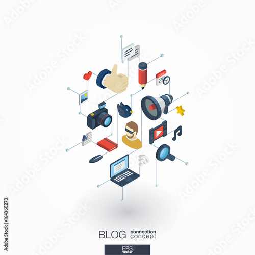 Blog integrated 3d web icons. Digital network isometric interact concept. Connected graphic design dot and line system. Background whith video content publish, post writing, follower. Vector on white.