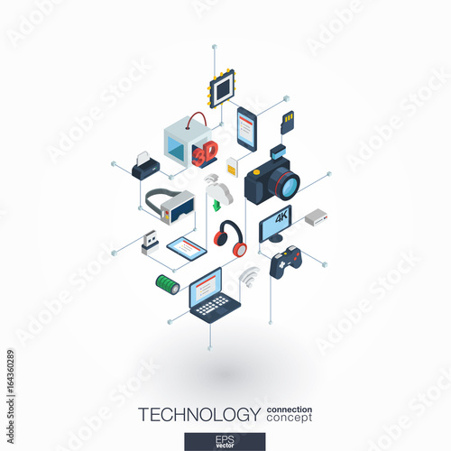Technology integrated 3d web icons. Digital network isometric interact concept. Connected graphic design dot and line system. Background whith wireless printing and virtual reality. Vector on white.