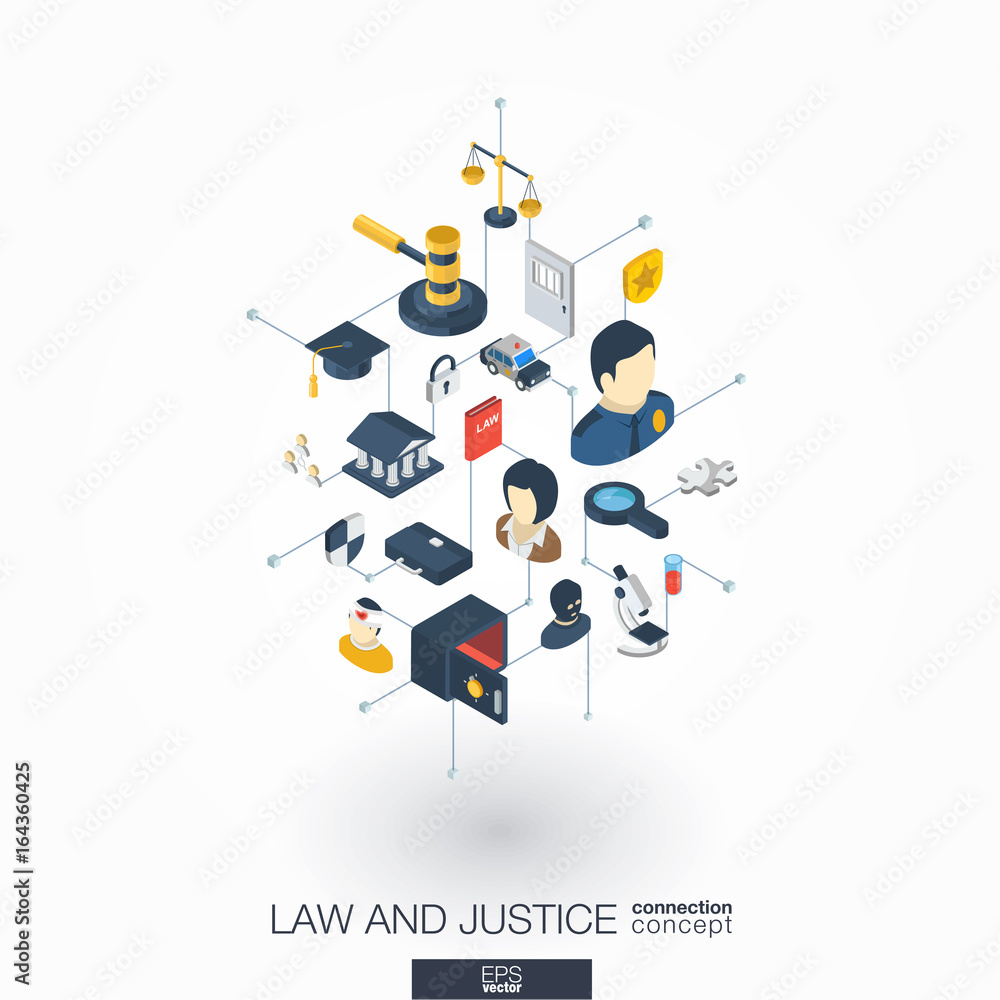 Law, justice integrated 3d web icons. Digital network isometric interact concept. Connected graphic design dot and line system. Abstract background whith lawyer, crime and punishment. Vector on white. Law, justice integrated 3d web icons. Digital network isometric interact concept. Connected graphic design dot and line system. Abstract background whith lawyer, crime and punishment. Vector on white.