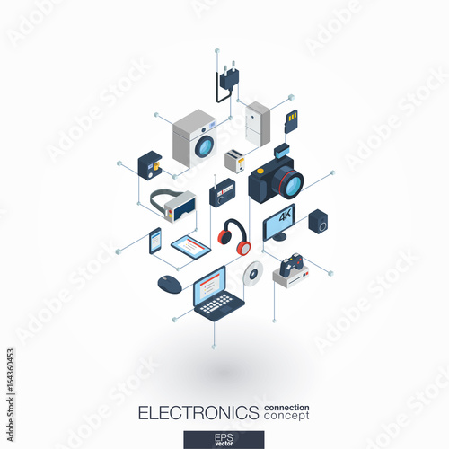 Electronics integrated 3d web icons. Digital network isometric interact concept. Connected graphic design dot and line system. Abstract background for technology, household gadgets. Vector on white.