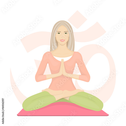Woman meditating in lotus pose. Girl with crossed legs. Yoga, sport and fitness. Vector illustration