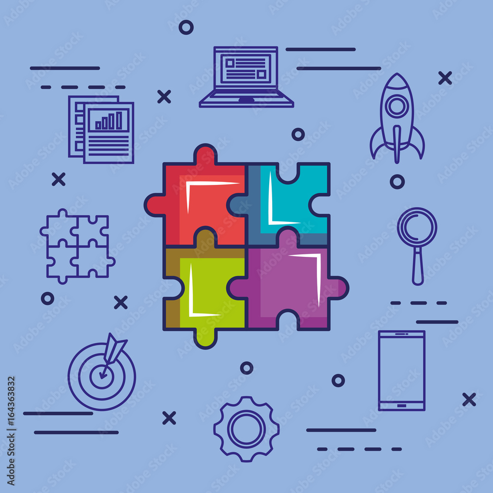 Puzzle and hand drawn start up business related objects over blue background Puzzle and hand drawn start up business related objects over blue background
