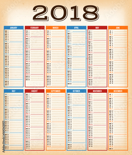 Vintage Design Calendar For Year 2018
